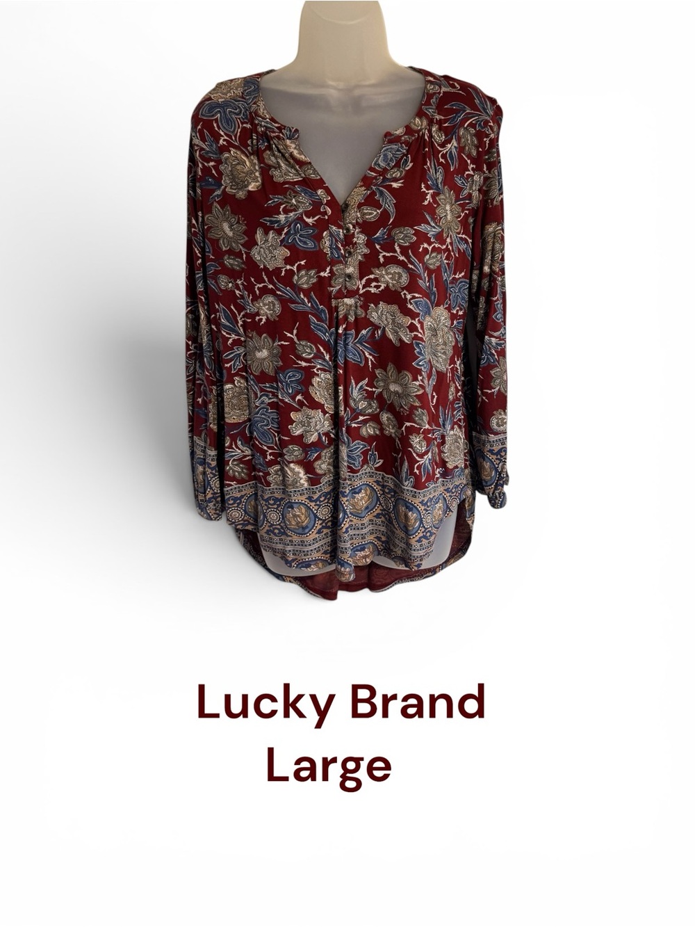 LUCKY BRAND  Burgundy/Blue/Taupe Floral Print Top FALL!!!   LARGE   #W